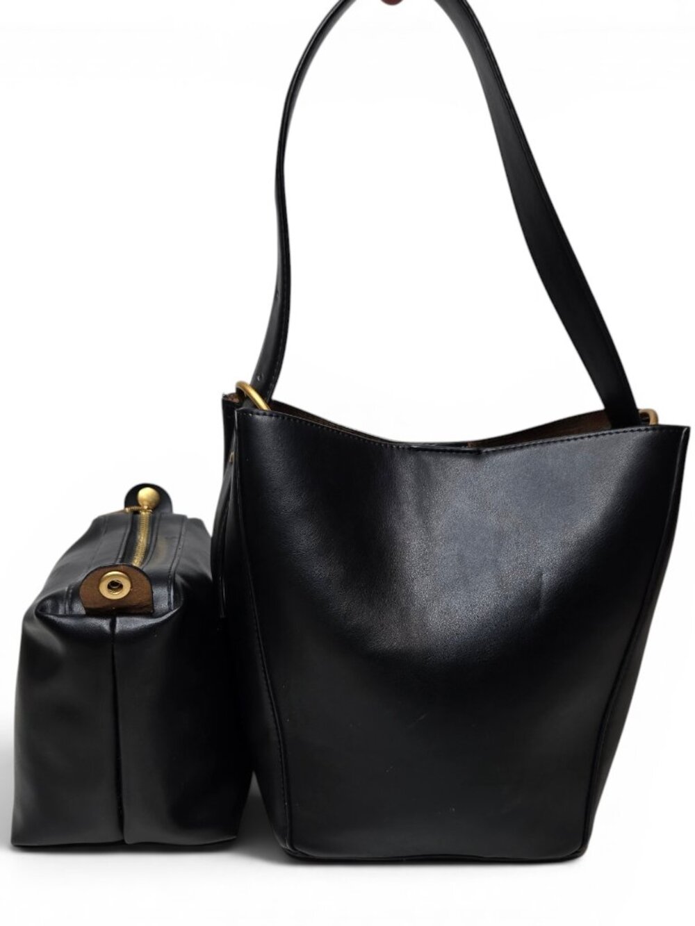 Zara 2 in1 Vegan Leather Bucket Bag Adjustable Strap Brass Tone Hardware‎
